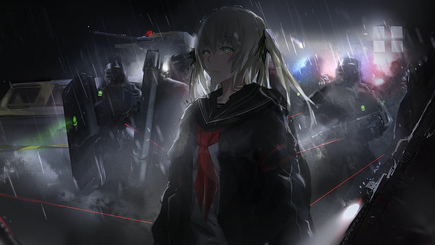Dark Anime Girl in Rainy Battlefield with Armed Soldiers and Red Laser Sights HD wallpaper