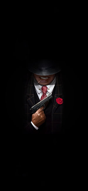 Vintage Gangster in Fedora Holding Pistol with Red Rose and Cigarette HD phone wallpaper