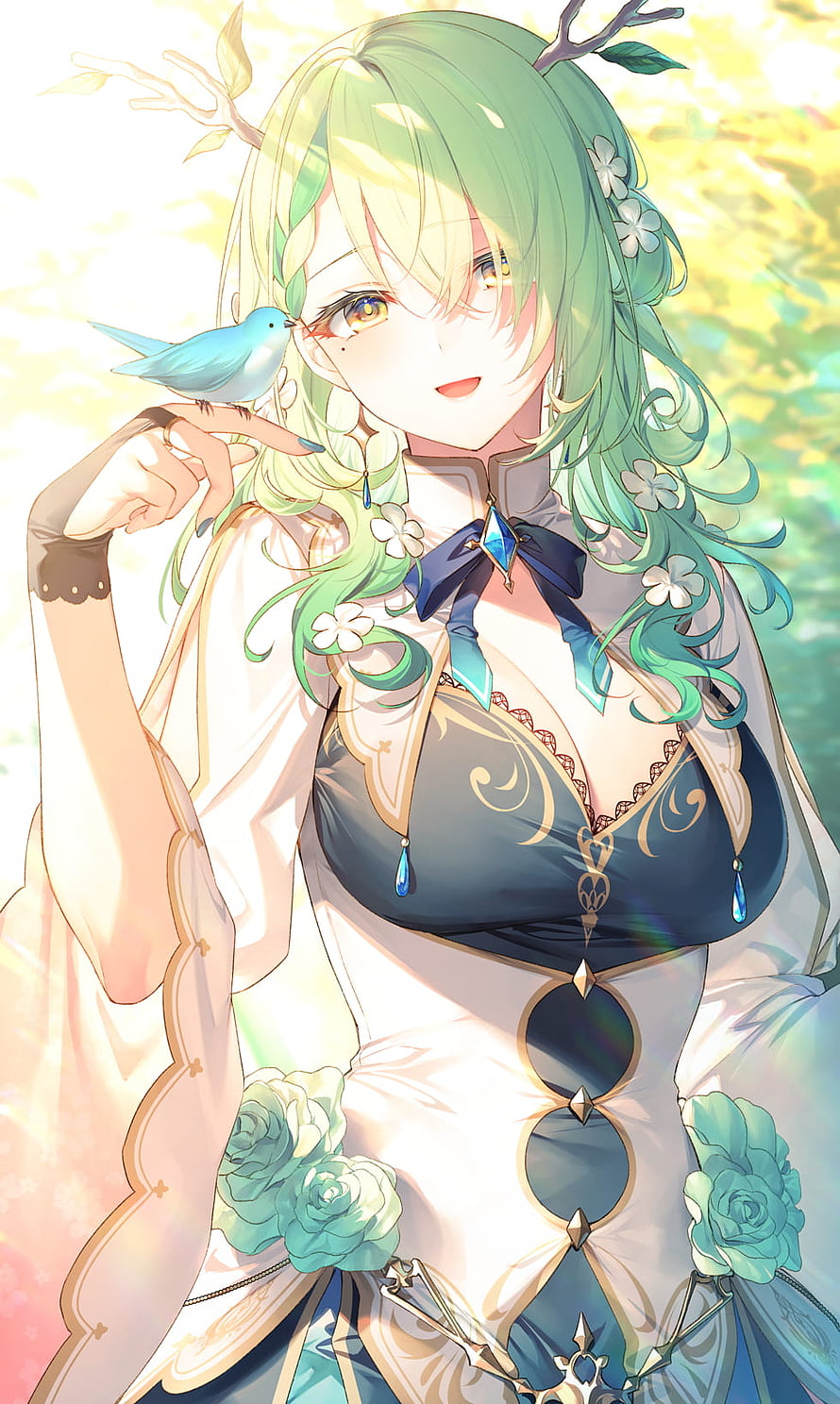 Ceres Fauna Anime Character with Green Hair and Blue Bird in Floral Fantasy Dress HD phone wallpaper