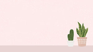 Minimalist Pastel Plant Illustration with Cactus and Snake Plant in Decorative Pots HD wallpaper