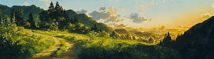 Serene Mountain Valley at Golden Hour with Winding Dirt Path and Lush Greenery HD wallpaper
