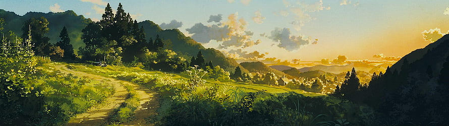 Serene Mountain Valley at Golden Hour with Winding Dirt Path and Lush Greenery HD wallpaper