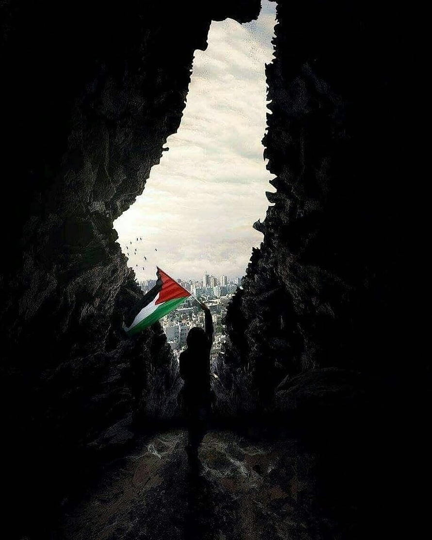 Silhouette of a person holding a Palestinian flag in a rocky cave opening overlooking a city skyline HD phone wallpaper