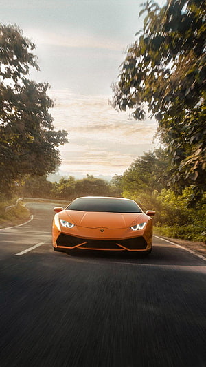 Orange Lamborghini Huracan driving on a winding forest road at golden hour HD phone wallpaper