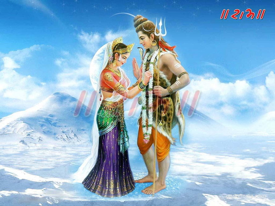 Shiva and Parvati in a Sacred Himalayan Setting with Trishul and Traditional Attire HD wallpaper