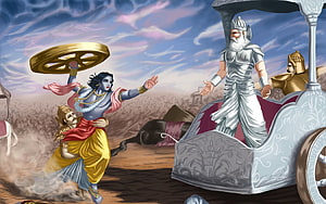 Lord Krishna and Bhishma Pitamah in the Mahabharata Epic Battle Scene HD wallpaper