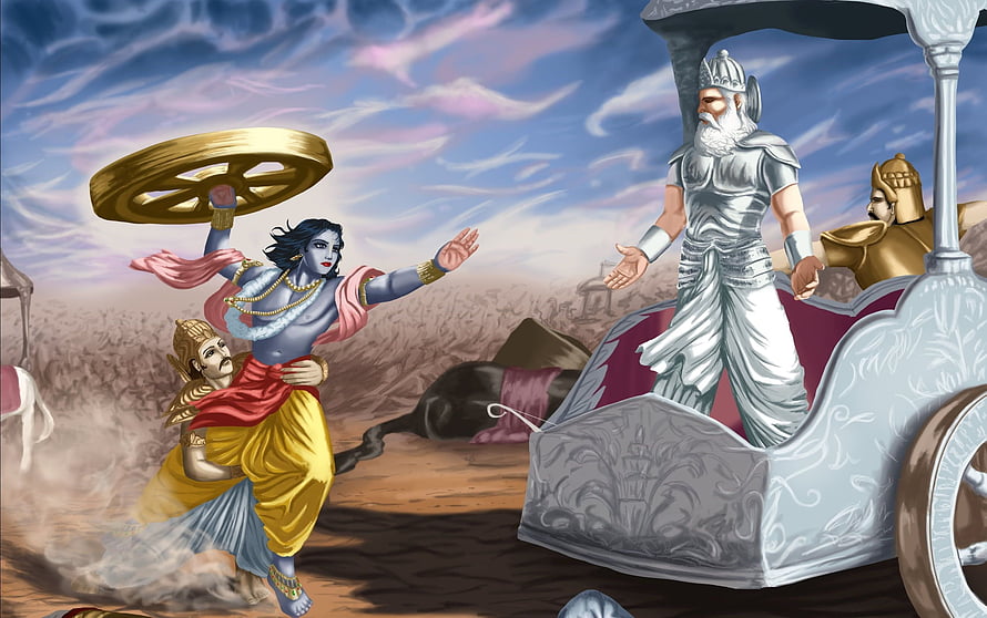 Lord Krishna and Bhishma Pitamah in the Mahabharata Epic Battle Scene HD wallpaper
