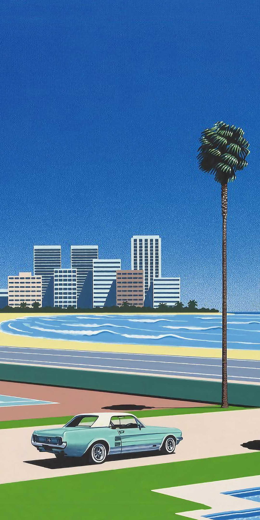 Hiroshi Nagai Retro Miami Beach Scene with Classic Convertible and Palm Tree HD phone wallpaper