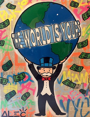 Alec Monopoly Street Art: Man in Top Hat Holding Globe with Money and Graffiti HD phone wallpaper