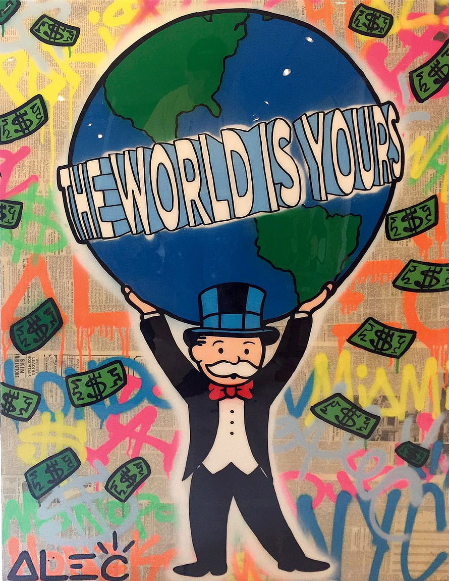 Alec Monopoly Street Art: Man in Top Hat Holding Globe with Money and Graffiti HD phone wallpaper