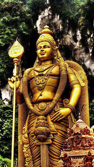 Giant Golden Murugan Statue Holding Vel at Batu Caves Temple HD phone wallpaper
