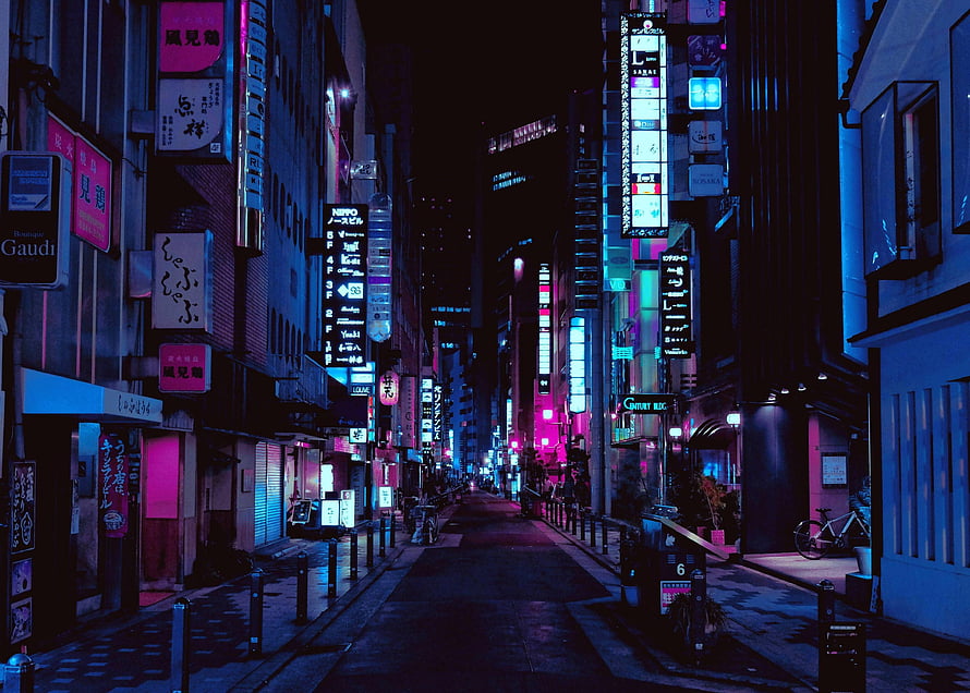 Neon-lit Tokyo alleyway at night with glowing signs and cyberpunk atmosphere HD wallpaper