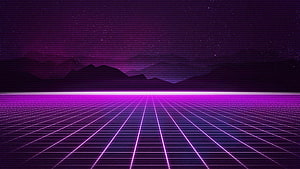 Purple Synthwave Grid Landscape with Distant Mountains Under a Starry Night Sky HD wallpaper