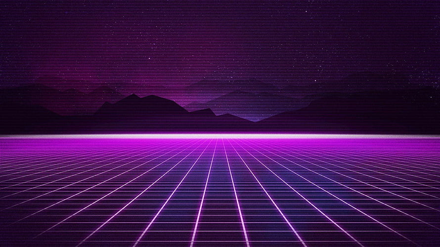 Purple Synthwave Grid Landscape with Distant Mountains Under a Starry Night Sky HD wallpaper