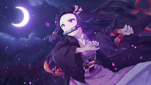 Nezuko Kamado from Demon Slayer in a Dynamic Night Scene with Crescent Moon HD wallpaper