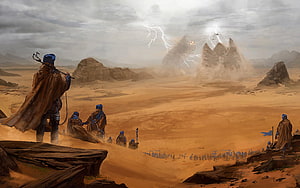 Dune: Fremen Warriors Observe the Arrival of a Sandworm on the Desert Planet Arrakis HD wallpaper