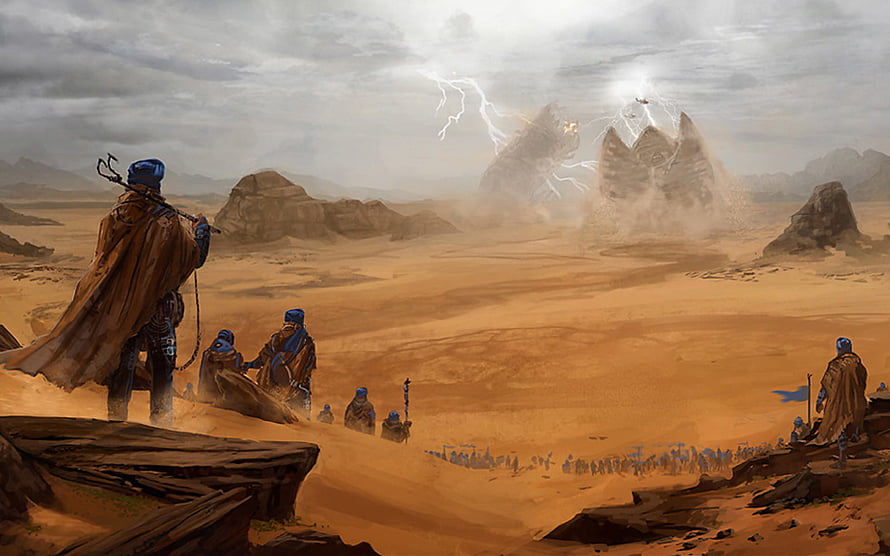 Dune: Fremen Warriors Observe the Arrival of a Sandworm on the Desert Planet Arrakis HD wallpaper