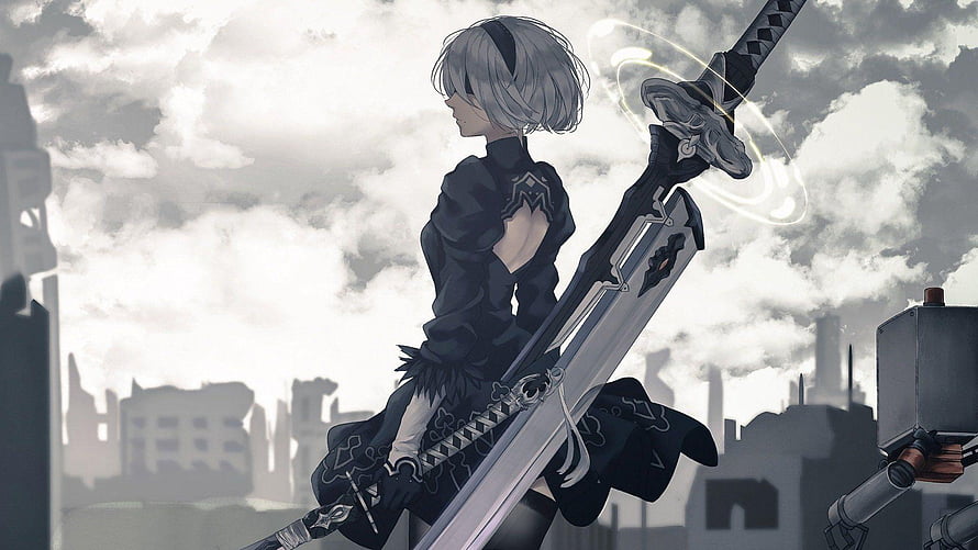 2B from NieR: Automata Standing with Sword in Post-Apocalyptic Ruins HD wallpaper