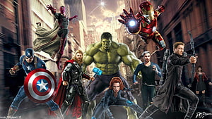 Avengers Team-Up Action Scene Featuring Hulk, Iron Man, Captain America, Thor, Hawkeye, Black Widow, Vision, and Quicksilver HD wallpaper