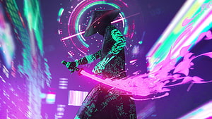 Neon Samurai Cyberpunk Warrior Wielding Glowing Katana in Futuristic Digital Cityscape HD wallpaper