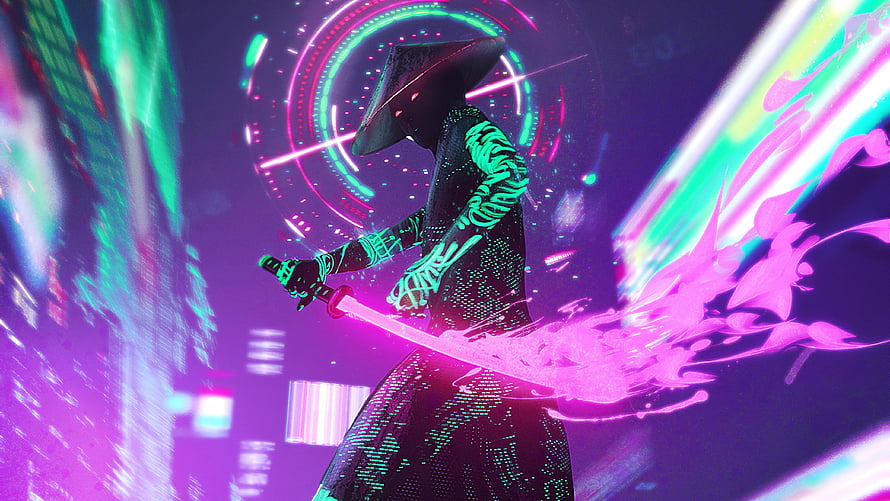 Neon Samurai Cyberpunk Warrior Wielding Glowing Katana in Futuristic Digital Cityscape HD wallpaper