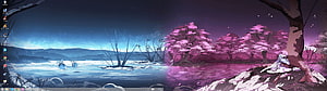 Anime Night Landscape with Cherry Blossoms and Lake Reflections HD wallpaper