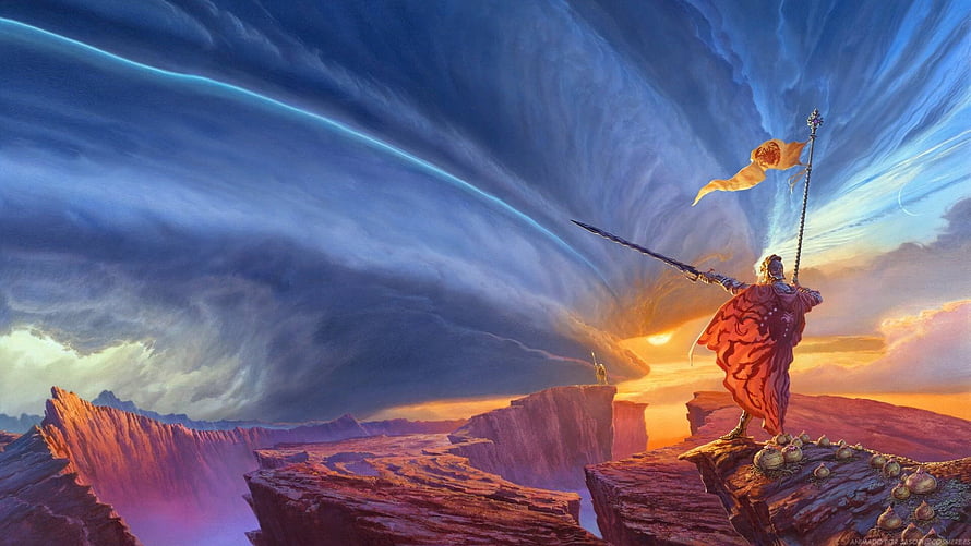 The Way of Kings Stormlight Archive Fantasy Warrior on Cliff at Sunset HD wallpaper