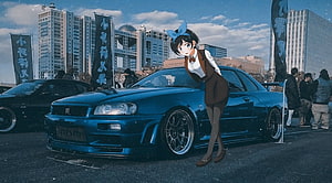 Anime Girl Leaning on Blue Nissan Skyline R34 at Urban Car Meet HD wallpaper