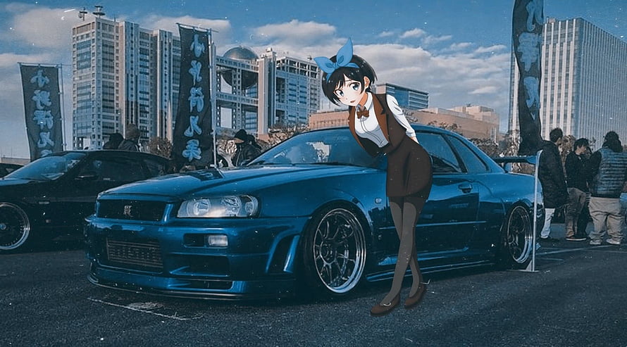 Anime Girl Leaning on Blue Nissan Skyline R34 at Urban Car Meet HD wallpaper
