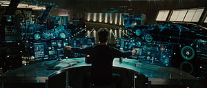 Tony Stark in the Iron Man Workshop with Holographic Vehicle Schematics, Tony Stark Computer, tony stark pc HD wallpaper