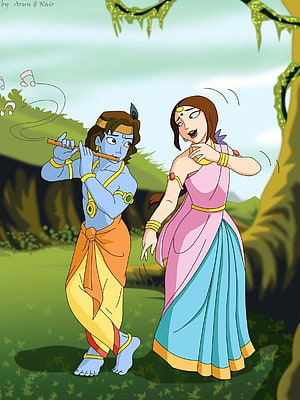Krishna and Radha Playing Flute and Dancing in a Lush Green Forest HD phone wallpaper