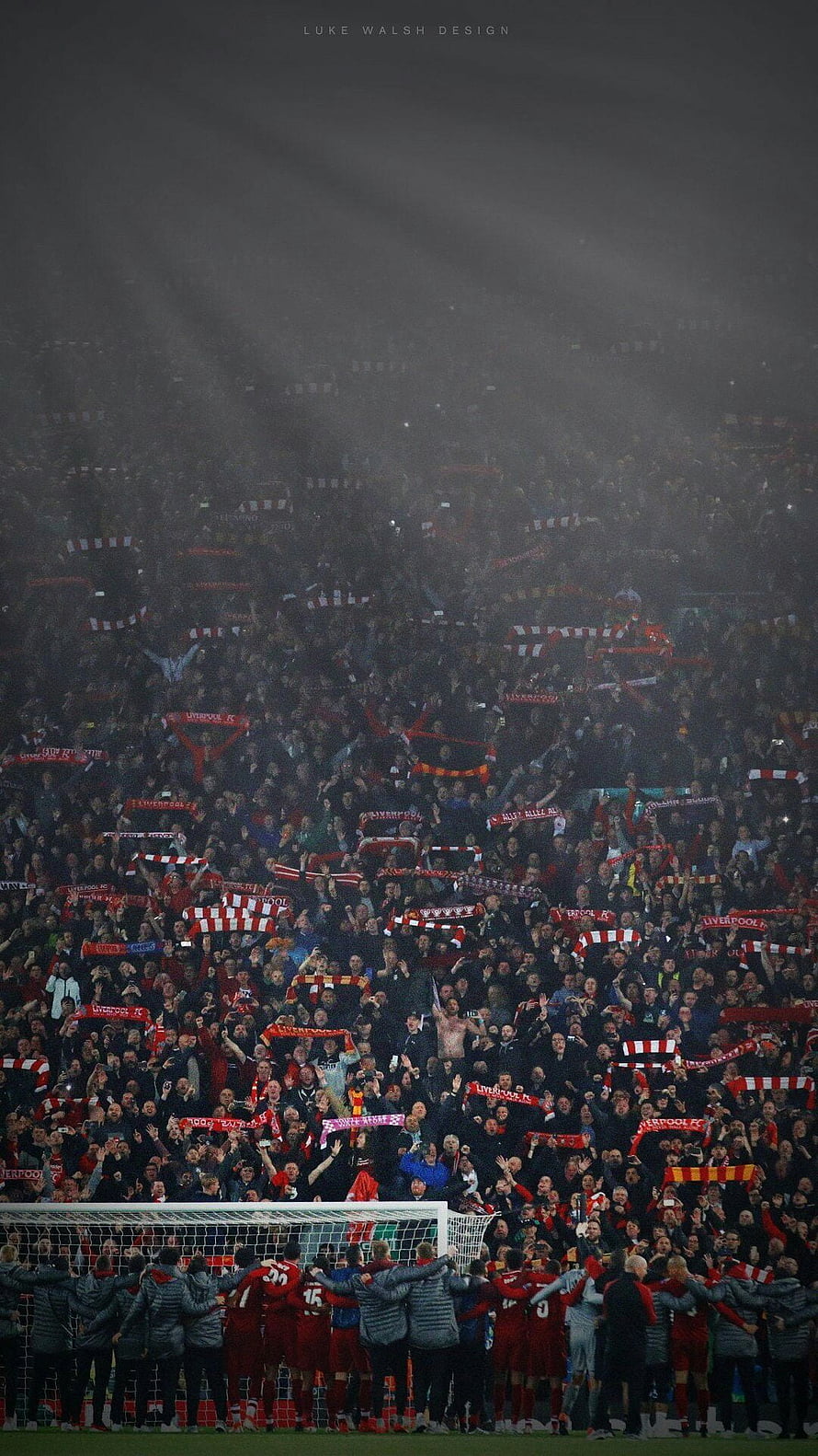 Liverpool FC players celebrating with Anfield crowd under dramatic stadium lights HD phone wallpaper