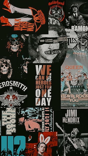 Classic Rock Music Poster Collage Featuring Queen, Motörhead, and Jimi Hendrix HD phone wallpaper