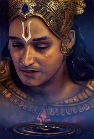 Crying Krishna Digital Art Portrait with Golden Crown and Teardrop HD phone wallpaper