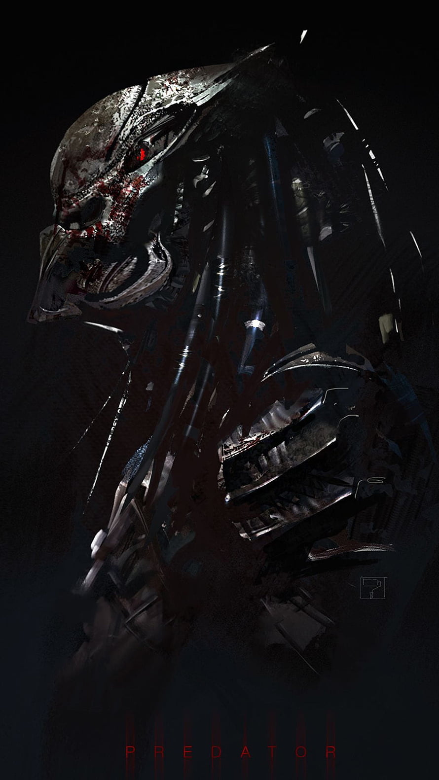 Predator Concept Art: Bloodied Xenomorph Hunter in Dark Metallic Armor HD phone wallpaper