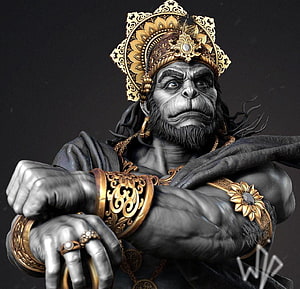 Hanuman 3D Sculpture with Golden Crown and Ornate Jewelry, Bajrangbali 3d, hanuman ji 3d HD wallpaper