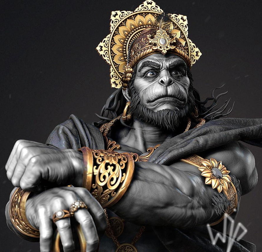 Hanuman 3D Sculpture with Golden Crown and Ornate Jewelry HD wallpaper