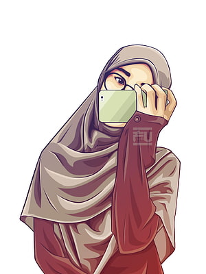 Digital Illustration of a Woman in a Hijab Holding a Smartphone to Her Face, Gambar Kartun Nurse Muslimah Gambar in 2019, anime hijab HD phone wallpaper