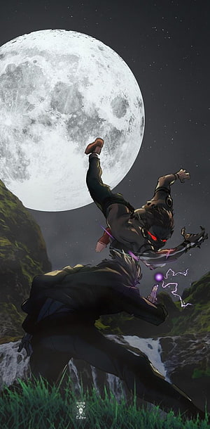 Gojo and Sukuna anime battle scene under a full moon with lightning effects HD phone wallpaper