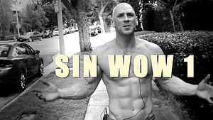 Johnny Sins Shirtless on a Suburban Street with Arms Outstretched in Black and White HD wallpaper