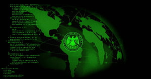 National Security Agency Emblem Over Green Holographic Globe with Code Overlay HD wallpaper