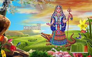 Maa Khodiyar Divine Goddess Artwork with Trident and Crocodile in Spring Landscape HD wallpaper