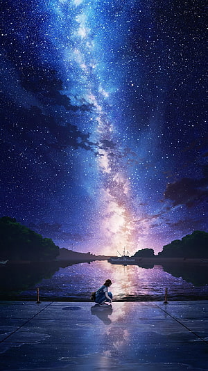 Anime Girl Crouching by Water Under a Glowing Milky Way Night Sky HD phone wallpaper