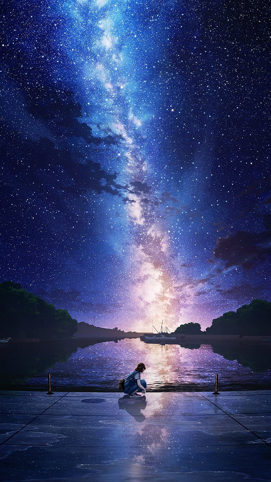 Anime Girl Crouching by Water Under a Glowing Milky Way Night Sky HD phone wallpaper