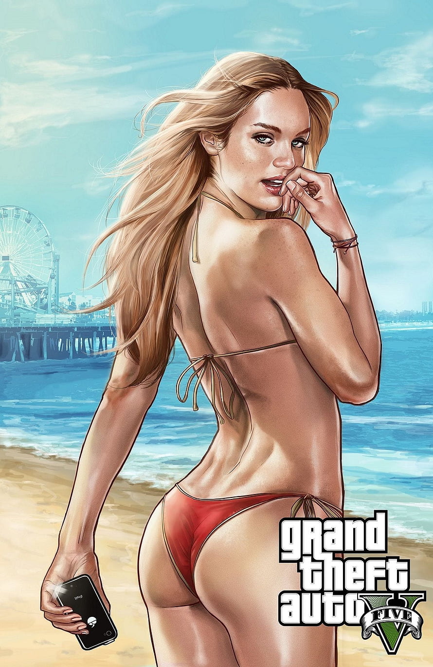 Grand Theft Auto V Blonde Woman in Red Bikini on Beach with Smartphone HD phone wallpaper
