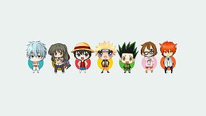 Chibi Anime Character Lineup on Pastel Background HD wallpaper