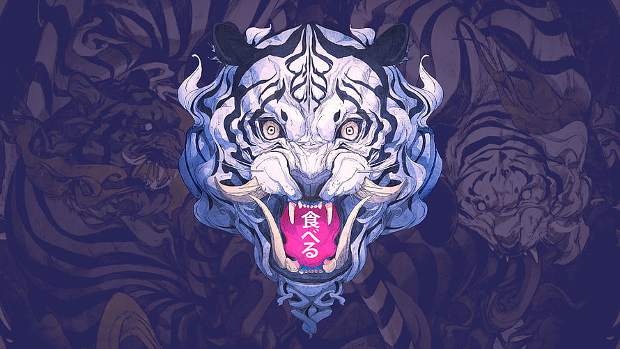 White Tiger Demon Mask with Japanese Calligraphy on Dark Purple Background HD wallpaper