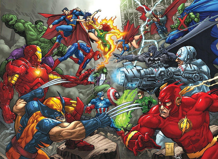 Marvel and DC Superheroes Epic Battle Comic Art Illustration HD wallpaper