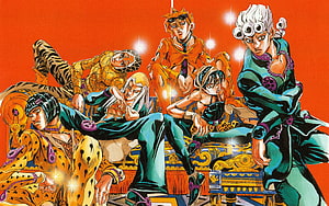 JoJo's Bizarre Adventure Part 5 Golden Wind Gang Members in Vibrant Orange and Teal HD wallpaper
