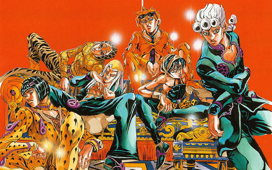 JoJo's Bizarre Adventure Part 5 Golden Wind Gang Members in Vibrant Orange and Teal HD wallpaper